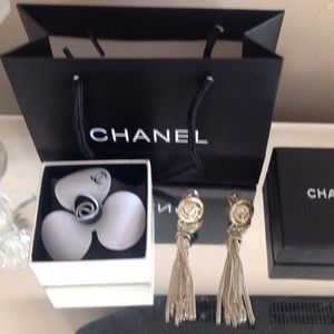 Chanel long silver earrings , studs box, bag